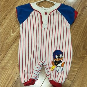Vintage Warner Brothers Looney Tunes Daffy Duck Baby Baseball Striped One Piece